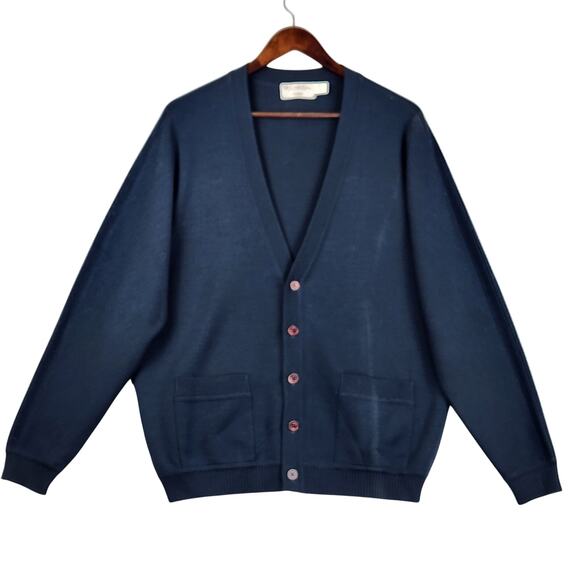 St. Croix VTG Mens Sweater M Navy Blue 100% Wool Cardigan Academia Grandpa EUC - Picture 1 of 11